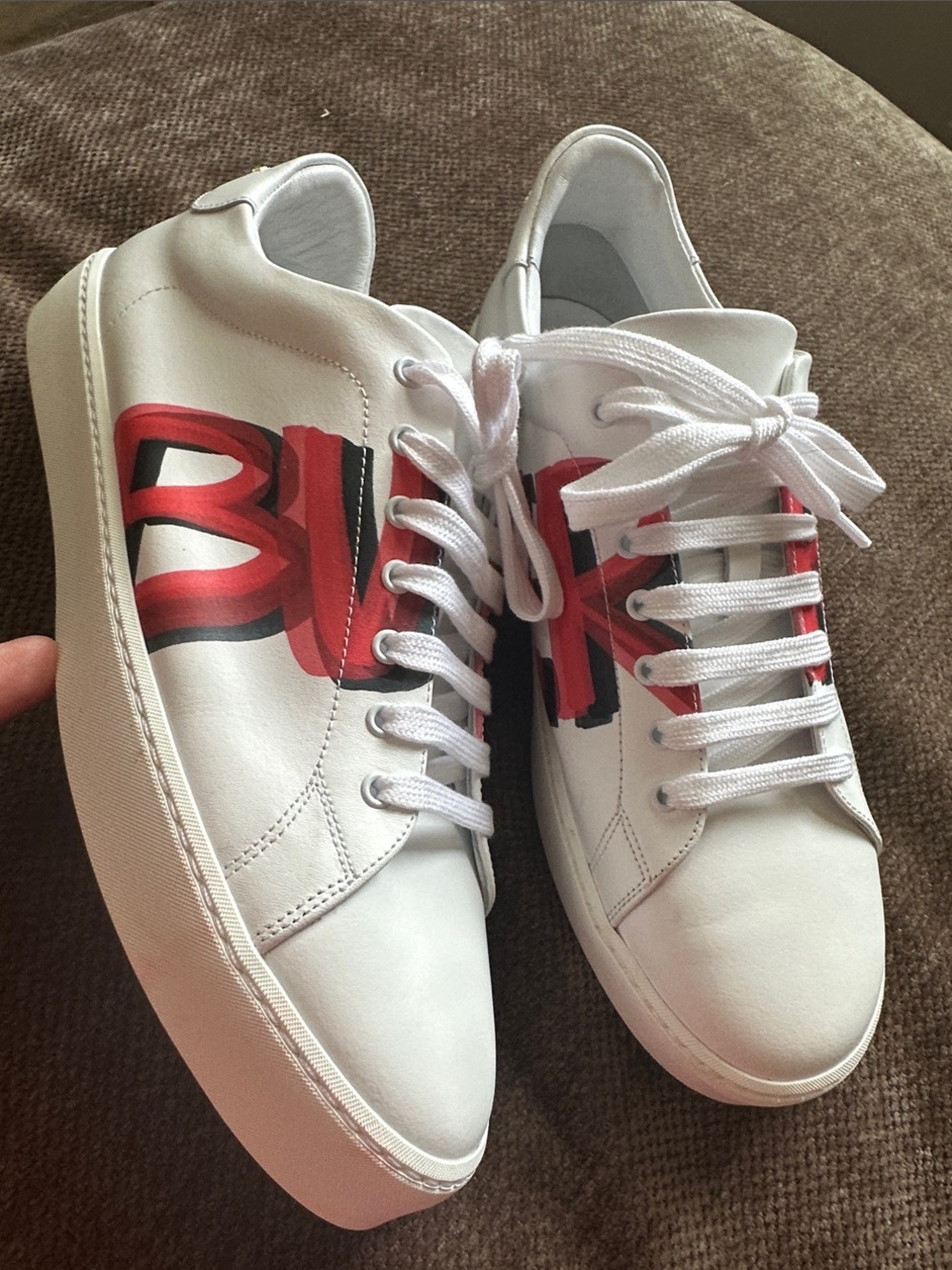 Burberry White Leather Sneakers with Red and Black Graphic